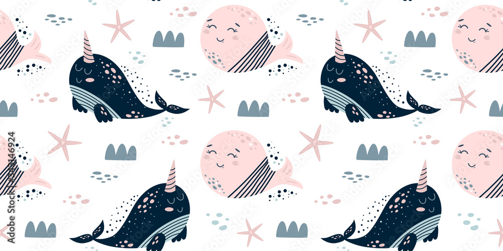 Narwhal whale pattern. Cute sea kids pattern with narwhal whale seamless  background Aquatic kids pattern Vector Stock Vector | Adobe Stock