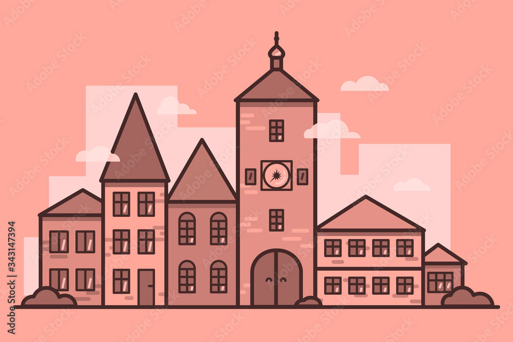 Village house with a chapel. Vector simple flat illustration on a pink background.