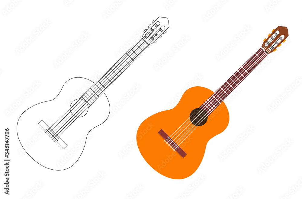 Fototapeta premium Guitar illustration linear and colored styles, isolated acoustic classic music instrument, simple detailed graphic