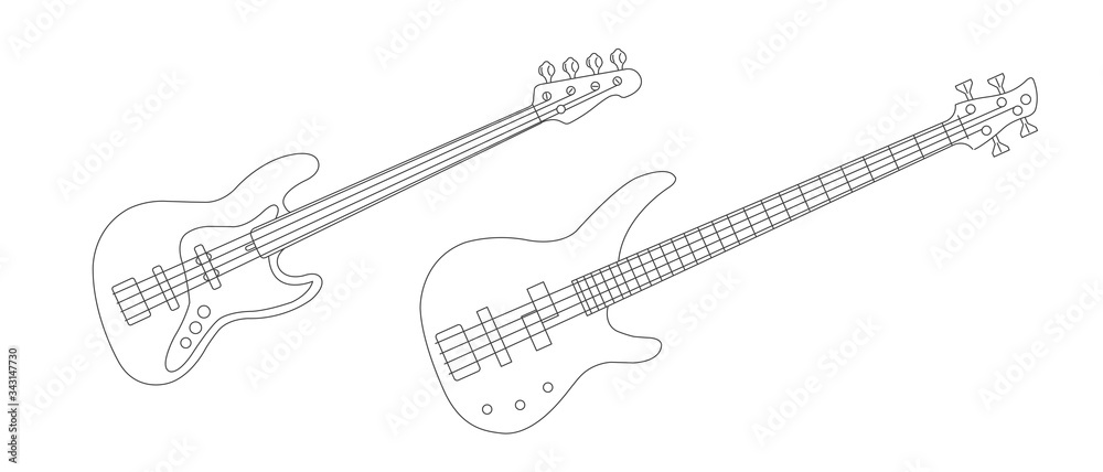 Line illustration of bass and electric guitars, simple drawing realistic detailed linear graphic