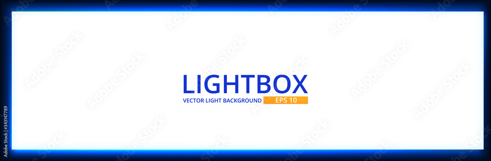 White lightbox screen with neon light on wall. Modern night backgtound with cinema display template design. Vector realisitc mockup. White lightbox screen with neon light on wall. Modern night backgtound with cinema display template design. Vector realisitc mockup.