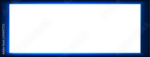 White lightbox screen with neon light on wall. Modern night backgtound with cinema display template design. Vector realisitc mockup.