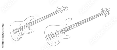 Line illustration of bass and electric guitars, simple drawing realistic detailed linear graphic