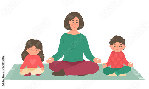 Family meditation. Mother with children sitting in lotus pose and meditating. Kids yoga, mindfulness, relax, breathing lessons.