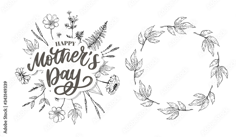 Happy Mother's Day greeting card vector illustration. Hand lettering calligraphy holiday background in floral frame.
