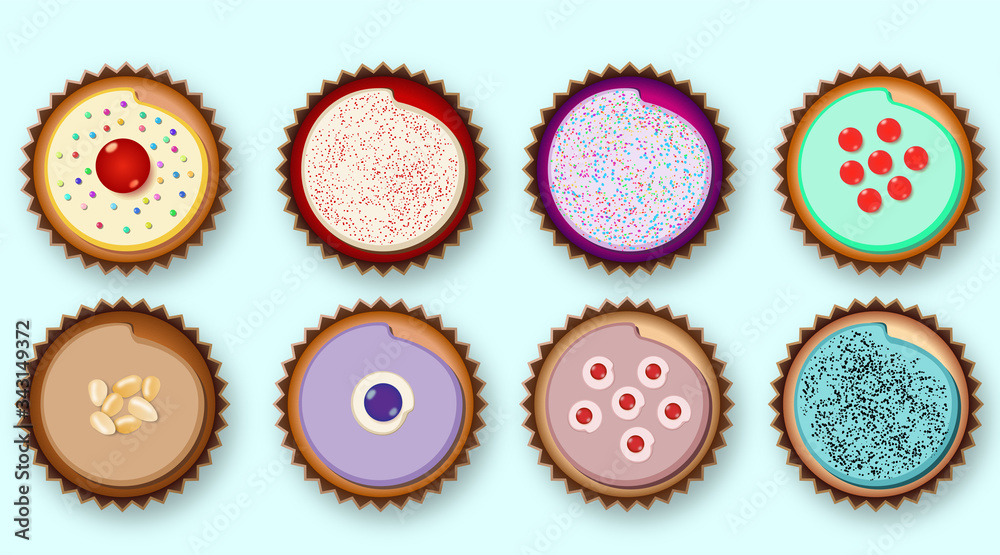 Multi-colored cakes with different fillings, top view. Multi-colored cakes with different fillings, top view.