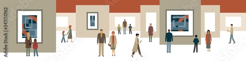 people at the exhibition of modern art. adults and children in the hall among the paintings. flat drawing in cartoon style, horizontal format. stock vector illustration. EPS 10.