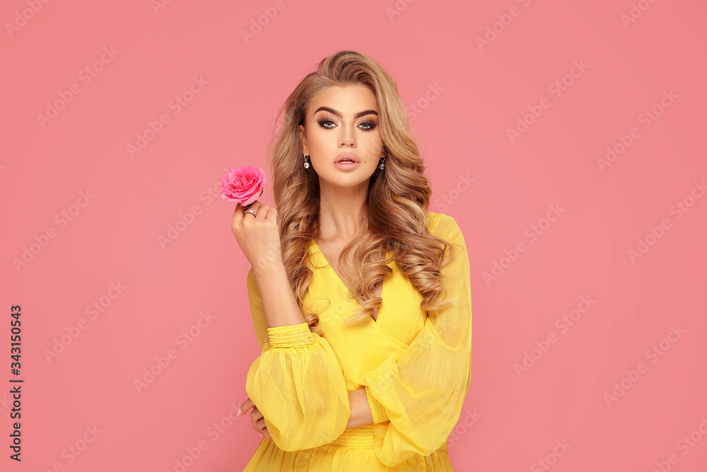 Beauty blonde woman with pink rose. Beauty blonde woman with pink rose.