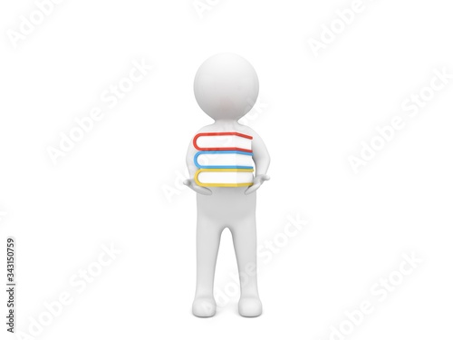 3d character holds books in hands on a white background. 3d render illustration.