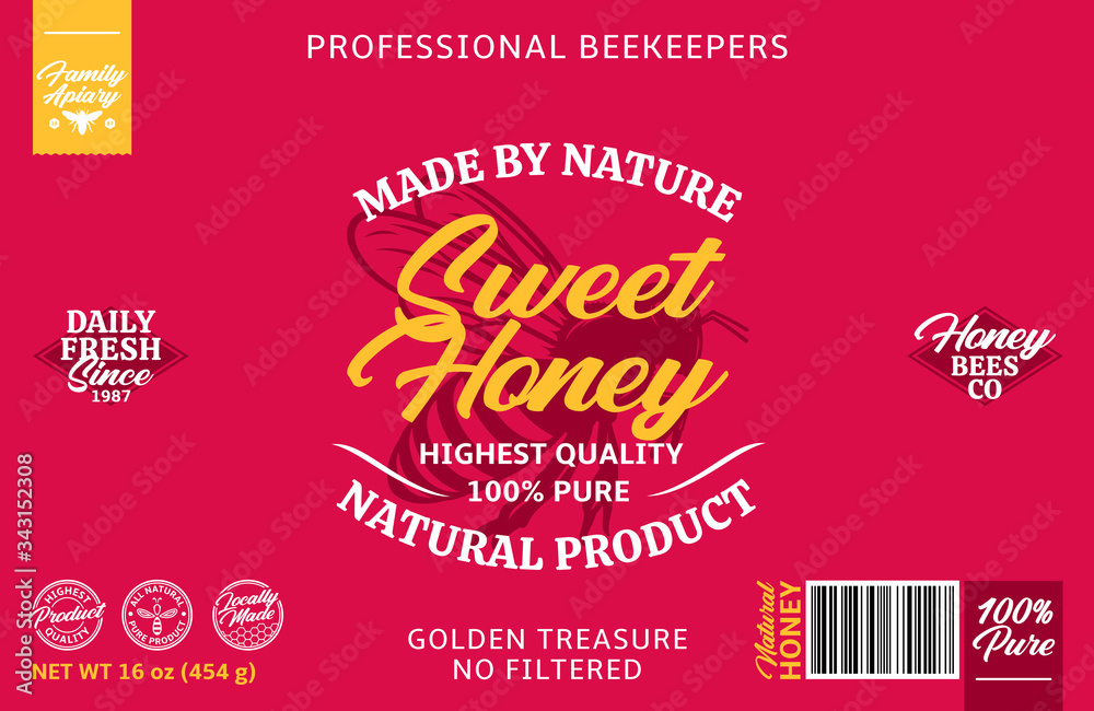Vector sweet honey highest quality label template and packaging design elements for apiary and beekeeping products, branding and identity. Vector honey illustration Vector sweet honey highest quality label template and packaging design elements for apiary and beekeeping products, branding and identity. Vector honey illustration