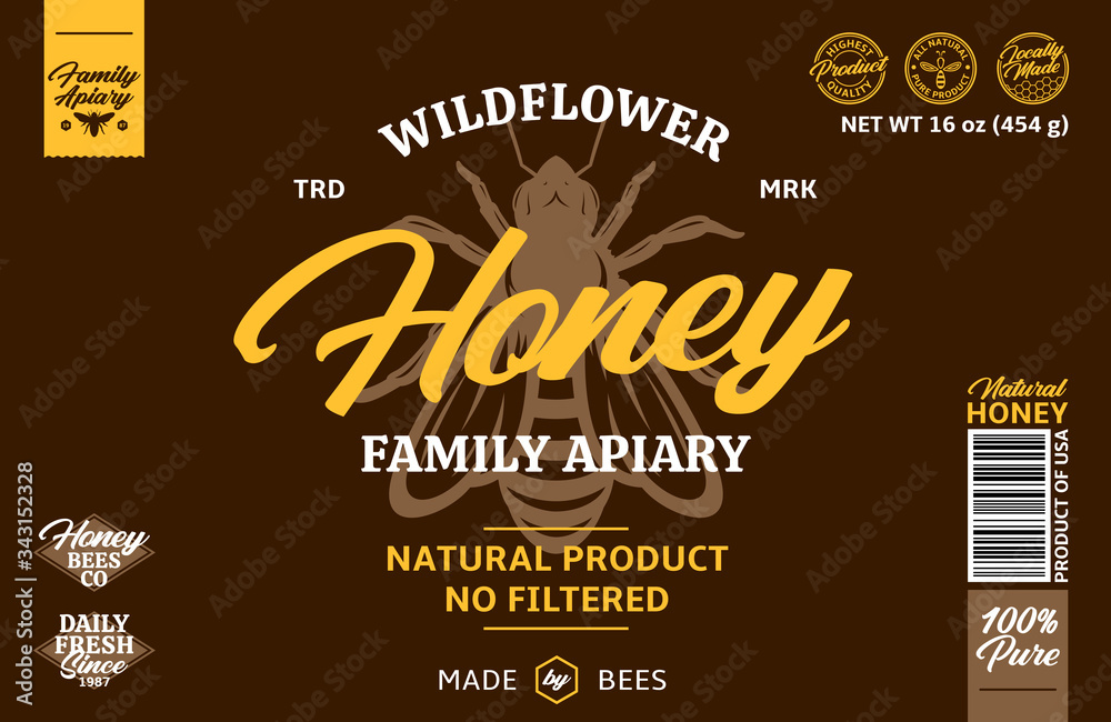 Wildflower honey label. Honey packaging design elements for apiary and beekeeping products, branding and identity