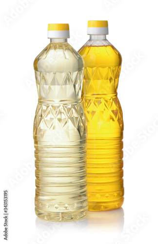Plastic bottles of refined and unrefined vegetable oil