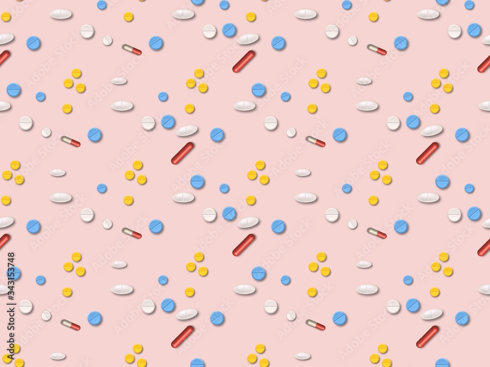  capsules and tablets on a seamless spring pattern.