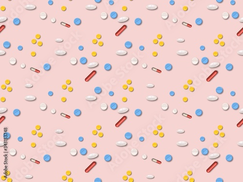  capsules and tablets on a seamless spring pattern.