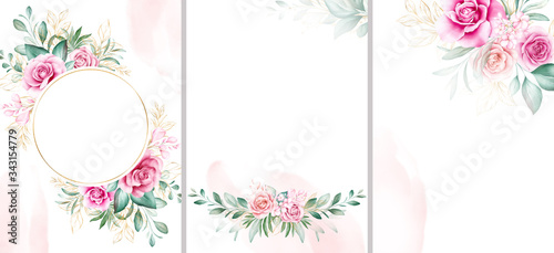 Wedding invitation card template set with gold watercolor floral decorations ...