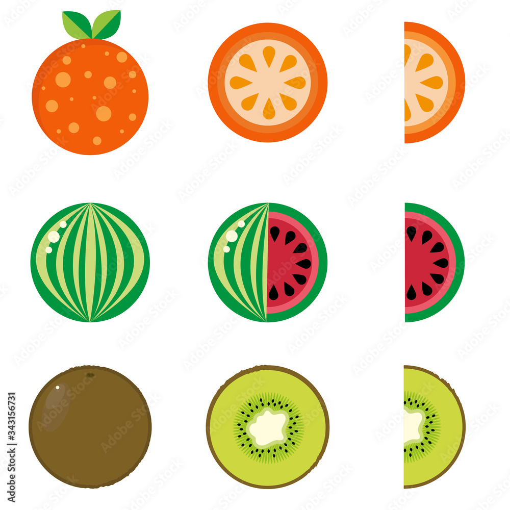 Set of fruits are orange, kiwi and watermelon. A whole and in the section. Vector flat style illustration. Set of fruits are orange, kiwi and watermelon. A whole and in the section. Vector flat style illustration.