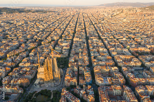 Aerial view sunrise over the Barcelona city, Spain 