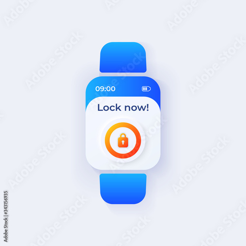 Smart home security smartwatch interface vector template. Internet of things mobile app notification day mode design. Lock now screen. Flat UI for application. Padlock on smart watch display