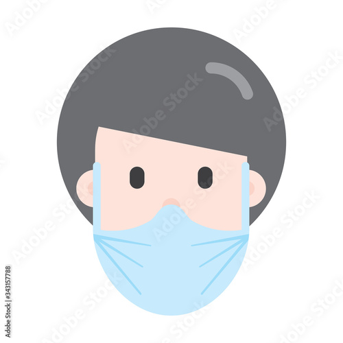Person wearing breathing mask. Healthcare protection. Human character design. Woman. Vector. Sickness prevention. Campaign. Advice on protective respiratory mask. Covid-19. Avoid virus.