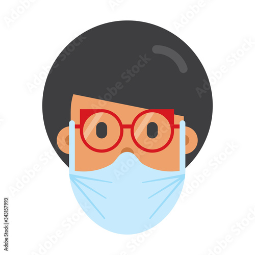 Person wearing breathing mask. Healthcare protection. Human character design. Woman. Vector. Sickness prevention. Campaign. Advice on protective respiratory mask. Covid-19. Avoid virus.