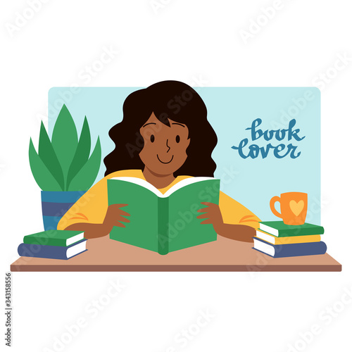 Cute cartoon Indian girl sitting on table with open book and smiling. Hand drawn flat vector illustration. Plant, books, cup. Literature fan, reading books, stay home education concept.