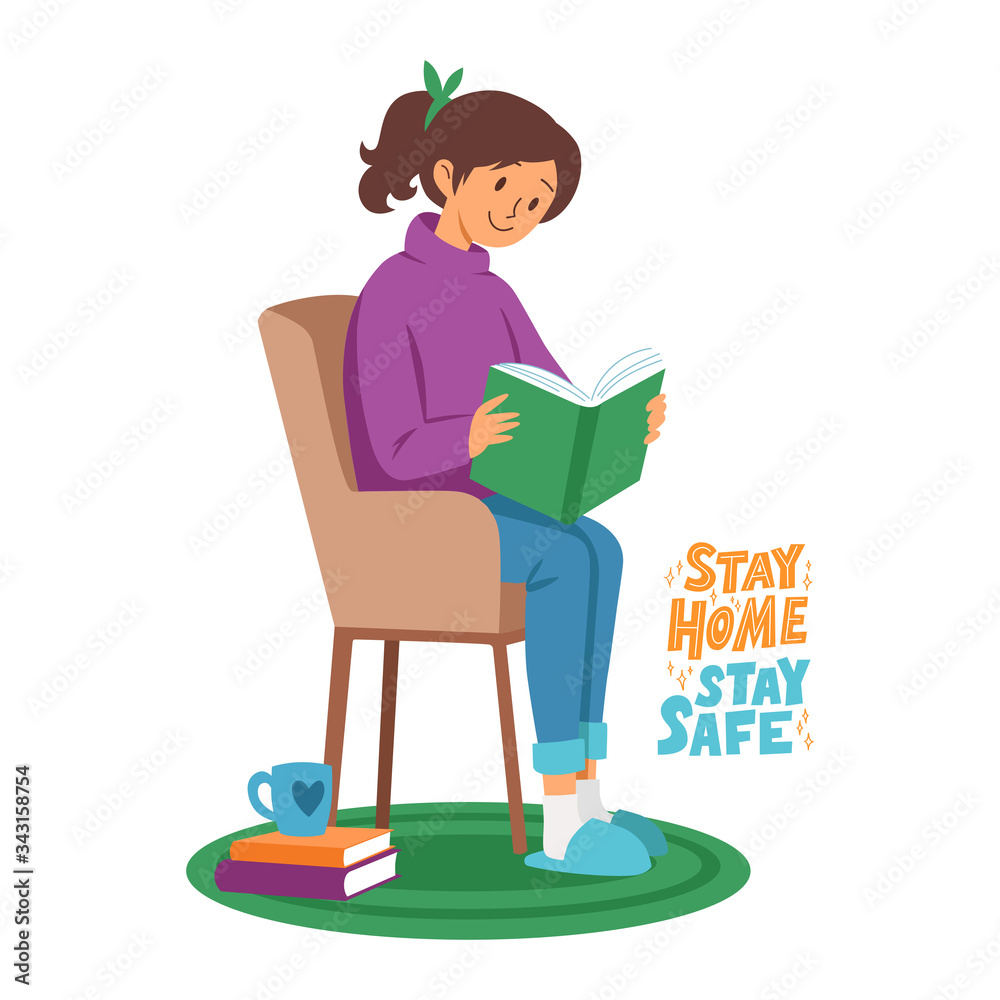 Stay home, stay safe. Cartoon girl in purple sweater sitting in armchair and reading book. Flat vector illustration with lettering. Self isolation, coronavirus quarantine design for social media. Stay home, stay safe. Cartoon girl in purple sweater sitting in armchair and reading book. Flat vector illustration with lettering. Self isolation, coronavirus quarantine design for social media.