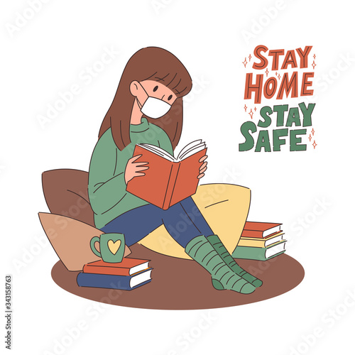 Cartoon dark hair girl in protective mask sitting on pillows and reading book. Flat vector illustration. Self isolation, coronavirus quarantine poster design with lettering. Stay home concept.