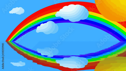 rainbow sky sun clouds reflection waves vector sketch illustration image