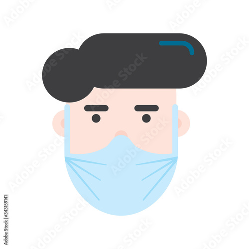 Person wearing breathing mask. Healthcare protection. Human character design. Man. Young. Vector. Sickness prevention. Campaign. Advice on protective respiratory mask. Covid-19. Avoid virus.