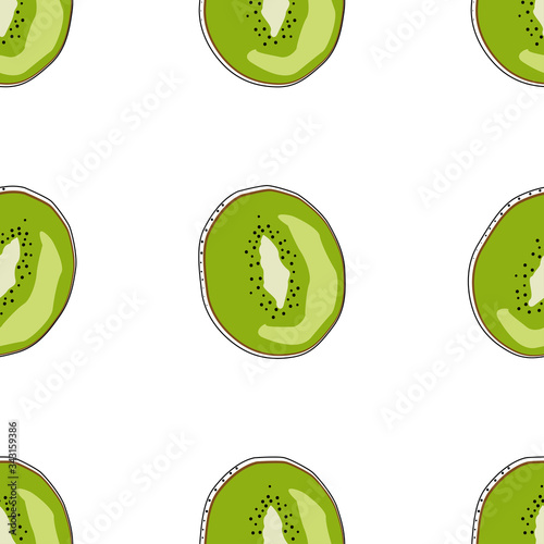 Flat kiwi seamless background vector illustration. Exotic fruits. Pattern for healthy lifestyle design. Scandinavian style. Vegetarian summer backdrop. Kitchen art. Fresh poster.