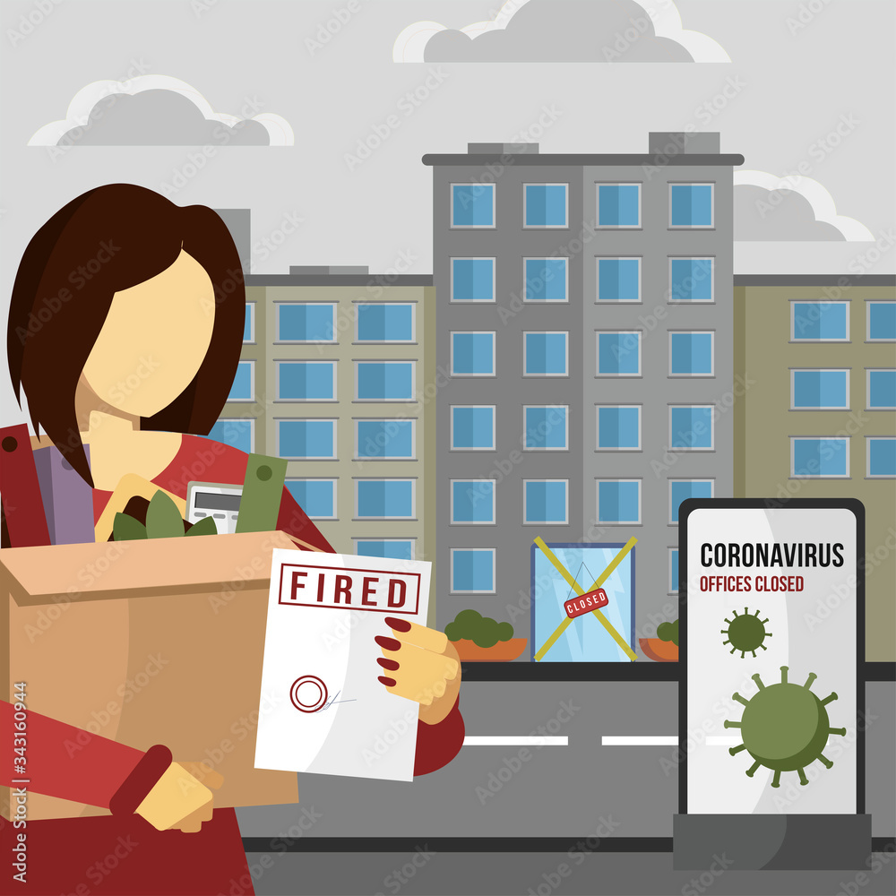 Fired and dismissed woman from job. Dismissal, layoff, severance, termination in case of coronavirus or virus COVID-19. Unemployed jobless benefit. Boss dismissed employee. Flat vector illustration. Fired and dismissed woman from job. Dismissal, layoff, severance, termination in case of coronavirus or virus COVID-19. Unemployed jobless benefit. Boss dismissed employee. Flat vector illustration.