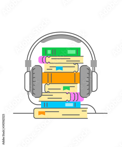 Audiobook concept. Flat thin line vector illustration. Stack of books with headphones on it. Electronic book metaphor. Online bookstore logo element