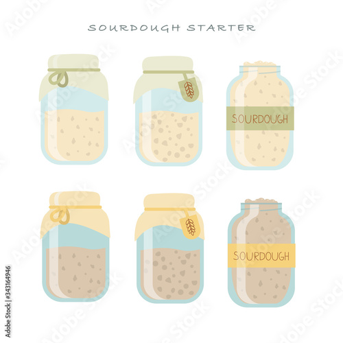 Icon set of sourdough starter for bread in mason jar for home baking.  Whole jar of ray flour, wheat or half jar with tag on it. Healthy food.  Flat vector illustration on isolated white background.  photo