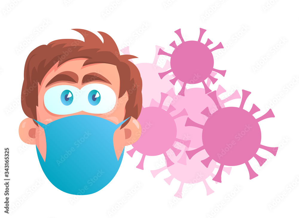 Face of a man with a protective mask against coronavirus. Scared eyes. Dangerous germs fly around the head. Vector isolated illustration in cartoon style. Face of a man with a protective mask against coronavirus. Scared eyes. Dangerous germs fly around the head. Vector isolated illustration in cartoon style.