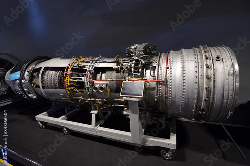 Canvas Print Turboprop aircraft engine set on a stand