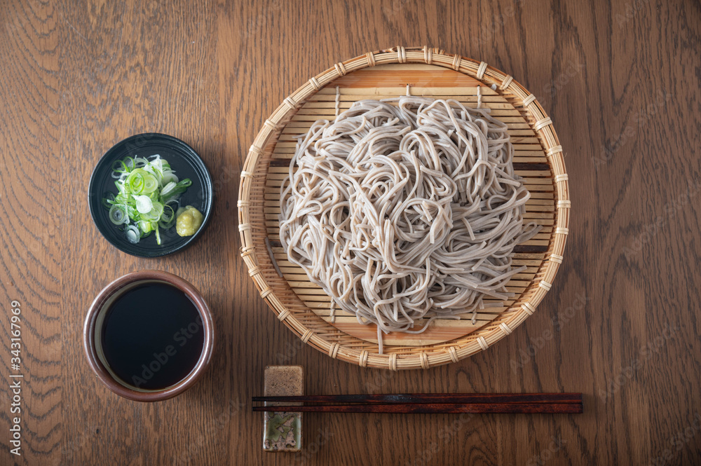 Japanese Soba noodle with green onion, wasabi