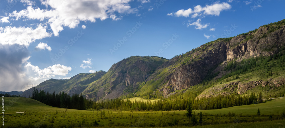 Panorama of a mountain range with a forest in Altai, Russia Panorama of a mountain range with a forest in Altai, Russia
