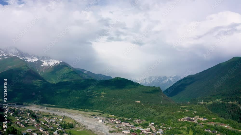 flight over Svan Towers in Mestia, Svaneti region, Georgia. It is a highland townlet in the northwest of Georgia, at an elevation of 1500 meters in the Caucasus Mountains. flight over Svan Towers in Mestia, Svaneti region, Georgia. It is a highland townlet in the northwest of Georgia, at an elevation of 1500 meters in the Caucasus Mountains.