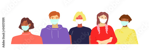 A group of young people in medical masks. Individual protection against viruses and bacteria. Men and women in masks. Vector illustration in cartoon flat srtyle.