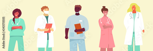 Set of doctors different specialization. A group of medical workers in masks. Cartoon character. Vector illustration in flat style. 