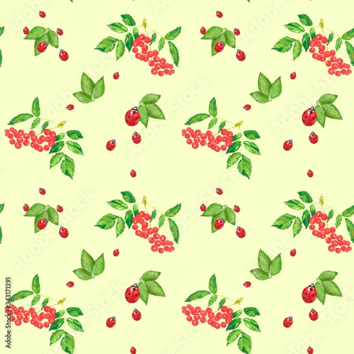 Pattern of berries and branches of mountain ash and ladybugs on a beige background, watercolor drawing, seamless pattern