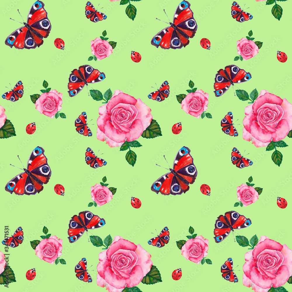 Pattern of pink roses, butterflies and ladybugs on a pink background, watercolor drawing, seamless pattern Pattern of pink roses, butterflies and ladybugs on a pink background, watercolor drawing, seamless pattern