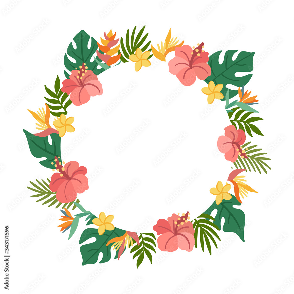 Tropical circle frame with palm leaves, hibiscus, strelitzia, plumeria flowers. Beautiful floral print for wedding invitations, greeting cards, home decor. Modern vector illustration.