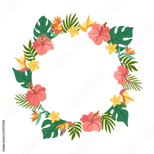 Tropical circle frame with palm leaves, hibiscus, strelitzia, plumeria flowers. Beautiful floral print for wedding invitations, greeting cards, home decor. Modern vector illustration.