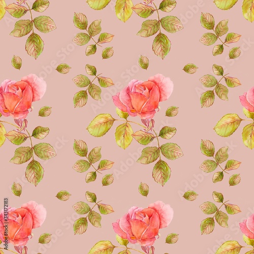 Pattern of roses and leaves on a pink background  watercolor drawing  seamless pattern