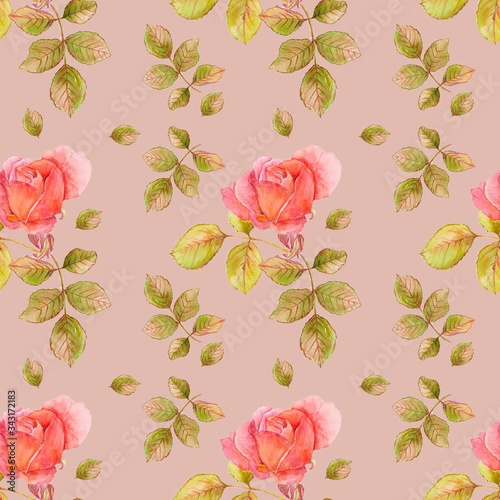 Wallpaper Mural Pattern of roses and leaves on a pink background, watercolor drawing, seamless pattern Torontodigital.ca