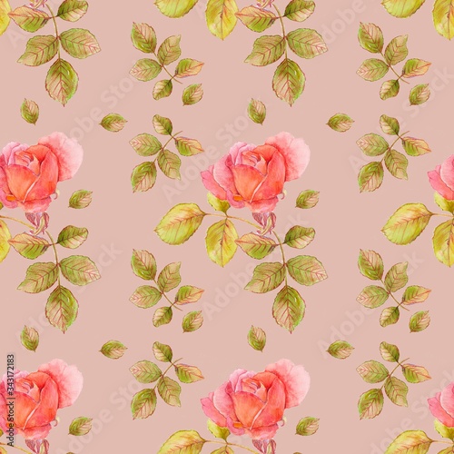 Pattern of roses and leaves on a pink background, watercolor drawing, seamless pattern