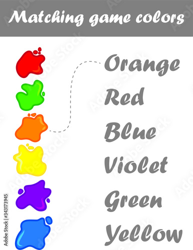 Gioco per bambini. Collega i colori. Gioco educativo per bambini per imparare i colori. Imparare colori inglese