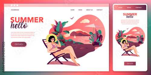 Set of vector cross-platform illustrations-a beautiful woman in a swimsuit on a chaise longue on vacation. Modern vector illustration concepts for developing websites and mobile websites.