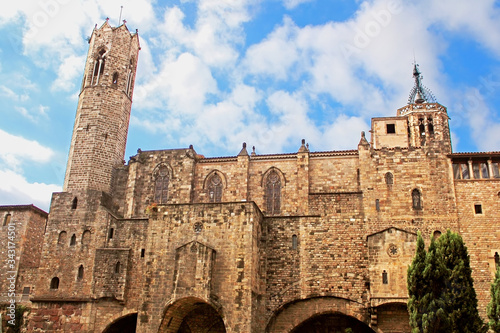 Photography Medieval Tower of Santa Agata Chapel (also known as King's Chapel) and roman wall at Placa del Rei (King's Square), in the heart of Barri Gotic (gothic quarter)